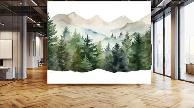 Watercolor mountains spruce trees landscape border, isolated hand drawn, watercolor illustration transparent background Wall mural