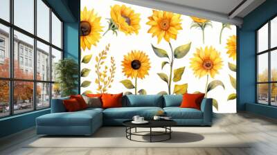 Watercolor sunflowers illustration set. Yellow summer flowers, Floral elements, Wildflowers. Wall mural