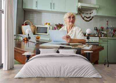 Nice old woman using modern laptop at home Wall mural