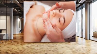 Pleasant young woman having a foam face massage Wall mural