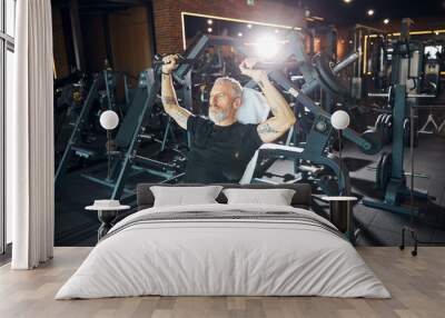 Professional athlete using the plate-loaded shoulder press machine Wall mural