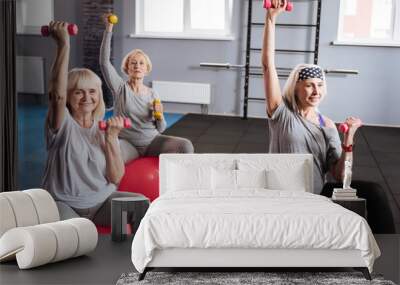 Sporty active women working out with dumbbells Wall mural