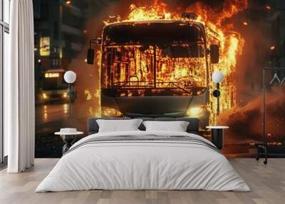 Bus engulfed in flames on city street. The concept of violence and terrorism Wall mural