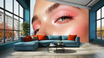 Close-up beauty portrait showcasing vibrant eyeshadow flawless skin Wall mural