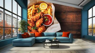 Crispy fried chicken with golden french fries tangy dipping sauce Wall mural