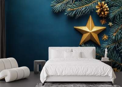 Festive christmas background with golden star pine cones Wall mural