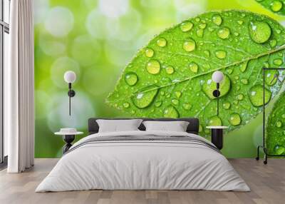 Fresh dew drops on vibrant green leaf with nature bokeh background Wall mural