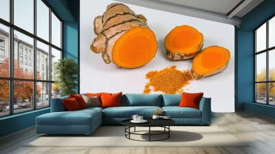 Fresh organic turmeric root powder on white background Wall mural