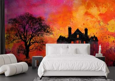 Haunted house silhouette vibrant sunset sky Wall mural