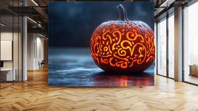 Intricately carved glowing pumpkin on dark background Wall mural