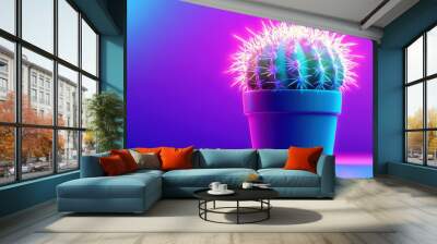 Vibrant neon glow cactus in pot on gradient background Wall mural