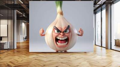 3D cute onion mascot character, with angry mad or rage face, isolated in light grey background Wall mural