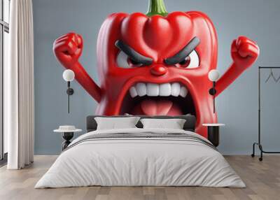 3D red angry pepper character with pepper shape, temper vegetable, isolated in grey background Wall mural