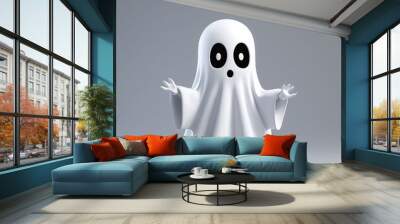 3D rendering of a cute adorable and friendly ghost character. The ghost is white in simple minimalist design. Wall mural