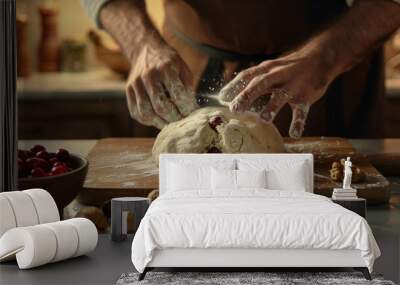 a baker kneading dough for a loaf of cranberry walnut bread, with a bowl of fresh cranberries and walnuts nearby, in a warmly lit kitchen Wall mural