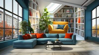 A bright, airy home library with white shelves, a colorful armchair, plants, and a skylight providing natural light Wall mural