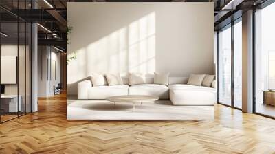 A bright, minimalist living room with a large white sofa, neutral-colored cushions, and a simple coffee table. The room is accented with a single green plant by the window Wall mural