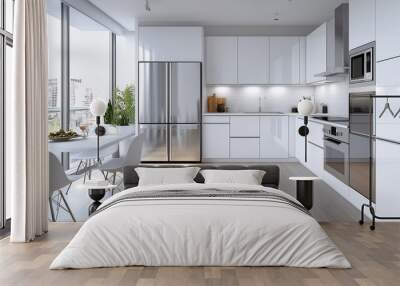 A clean, modern kitchen in a contemporary urban apartment, featuring sleek white cabinets, stainless steel appliances, and a minimalist design Wall mural