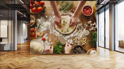 A cozy kitchen scene with a person’s hands preparing dough for homemade pizza Wall mural