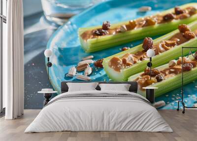 a healthy snack plate featuring celery sticks filled with almond butter, sprinkled with raisins and sunflower seeds, placed on a bright blue plate with a glass of water beside it Wall mural