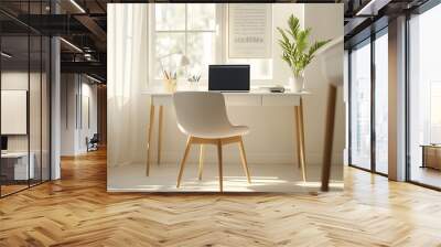 A minimalist home office setup with a simple white desk and chair near a large window. Sunlight floods the room, highlighting clean lines and natural materials Wall mural