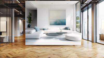 A modern beach house interior with a minimalist design, featuring light grey floors, white walls, abstract ocean-themed artwork, and sleek furniture with blue and green accents Wall mural