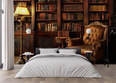 A vintage Victorian sitting room featuring a plush armchair, a brass floor lamp, and a large, intricately carved bookcase filled with old leather-bound books Wall mural