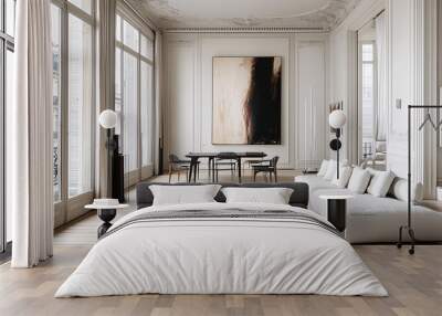 An editorial-style Parisian apartment with high ceilings, floor-to-ceiling windows, minimalist furniture, and a striking art piece on display, exuding effortless cool Wall mural