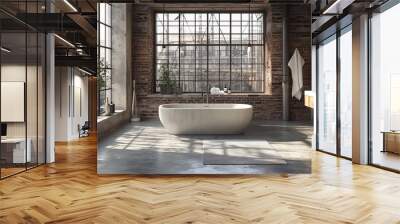 An open-concept industrial bathroom with a concrete bathtub, brick walls, and metal accents. Large windows bring in natural light, highlighting the raw materials Wall mural