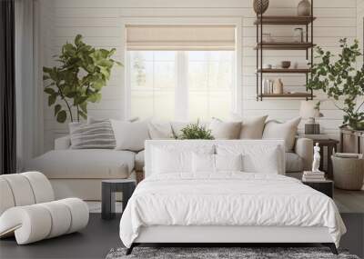 Bright and airy modern farmhouse living room with white shiplap walls, a plush beige sofa, and a mix of wood and metal decor elements. Indoor plants add a touch of greenery to the space Wall mural