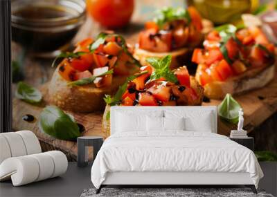 bruschetta topped with diced tomatoes, basil, and a drizzle of balsamic glaze, arranged on a rustic wooden board with a small bowl of olive oil and fresh basil leaves scattered around Wall mural