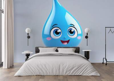 Cute cartoon water drop mascot character 3D on blue creature from transparent blue drops light background Wall mural