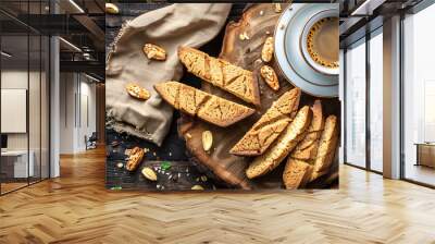 gluten-free biscotti, arranged on a rustic wooden board with a cup of espresso and a cozy café-style background Wall mural