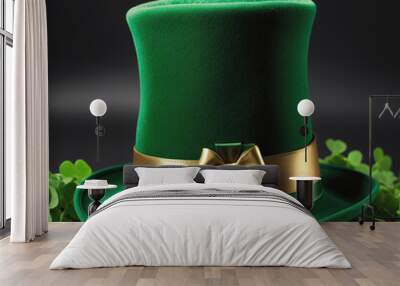 Irish holiday Saint Patrick's Day. green hat with golden ribbon, clover on abstract green Wall mural