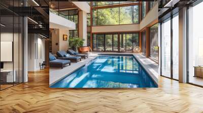 Luxurious indoor pool area with a modern design, large glass windows, and stylish lounge chairs surrounding the pool
 Wall mural