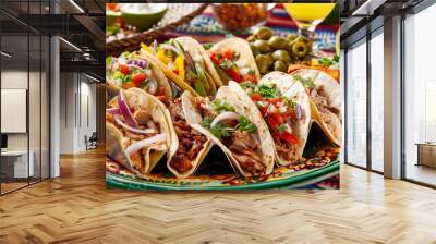 taco platter with soft and hard shell tacos, filled with various ingredients like grilled chicken, beef, and fresh veggies, set on a vibrant Mexican-themed tablecloth with margaritas on the side Wall mural