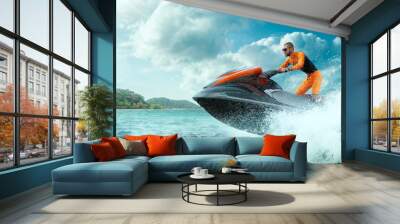 Young Man on water scooter, Tropical Ocean, Vacation Concept. Jet Ski. Sea. Wall mural