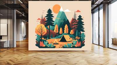 Camping in the forest. Vector illustration in flat design style. Wall mural