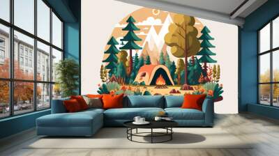 Camping in the forest. Vector illustration in flat design style. Wall mural