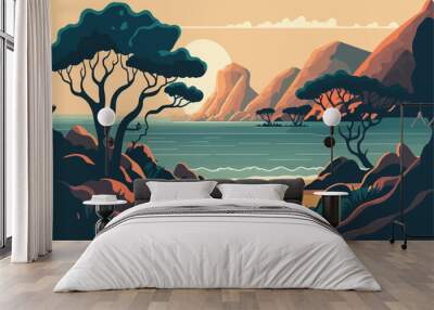 coastal Summer landscape with sea, mountains and islands. Vector illustration Wall mural