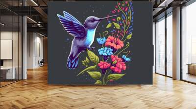 Colorful Hummingbird Flying Over the Flower Logo Illustration Mascot Wall mural