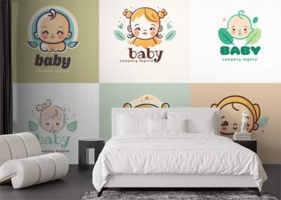 Cute baby girl boy logo template set Vector cartoon illustration Icon Wall mural