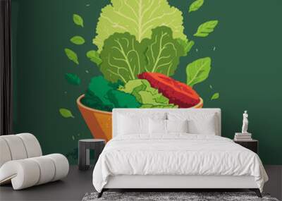 Green salad of fresh vegetables in a salad bowl object isolated background Wall mural