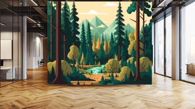 Landscape of nature green forest mountain. Vector illustration Wall mural