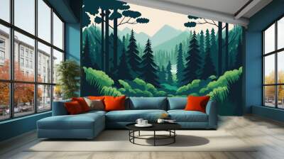 Landscape of nature green forest mountain. Vector illustration Wall mural