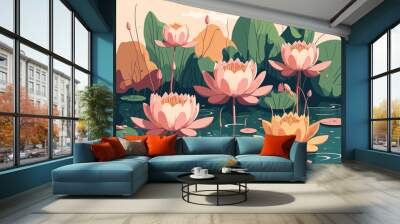 lotus lily water flower and leaf on lake or pond nature background wallpaper Wall mural