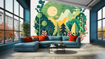 Nature Mountain Forest Jungle Landscape Background in Vector Flat Color Wall mural