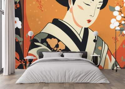 portrait japanese geisha in kimono, japan woman in traditional floral ornament Wall mural