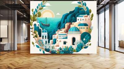 Santorini Greece Aegean Hotel View Vacation Travel Tour Landmark Flat Vector Wall mural