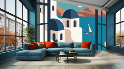 Santorini island travel Vector flat color Illustration Background Wall mural